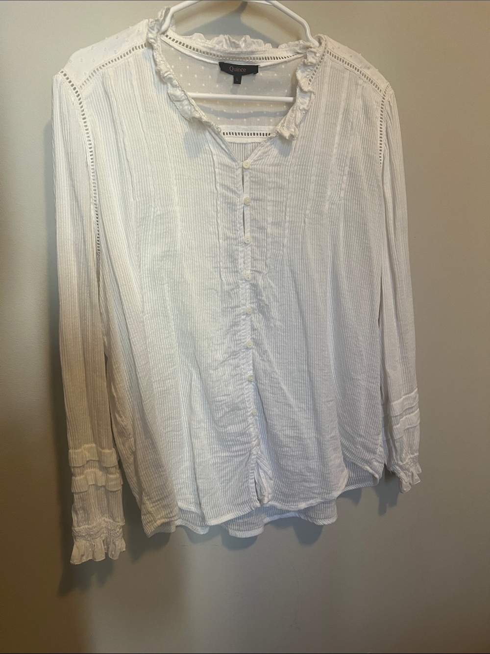 Quince Cream Textured Button-Front Blouse with Ruffle Neck - Picture 2 of 5